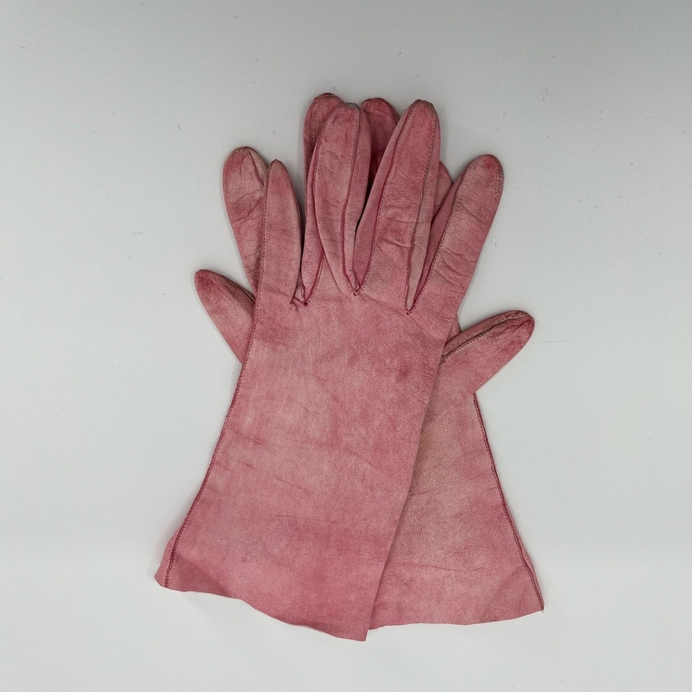 Vtg Pink Kid Leather Driving Gloves Womens 6.5 Short Wrist Dress Tea Party Femme